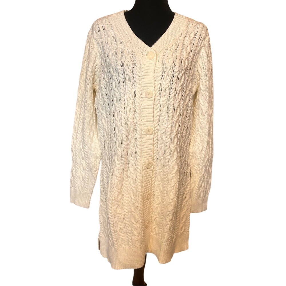 NWT d&co Denim and Company Natural Cable Knit Button-Up Long Sweater Size Medium